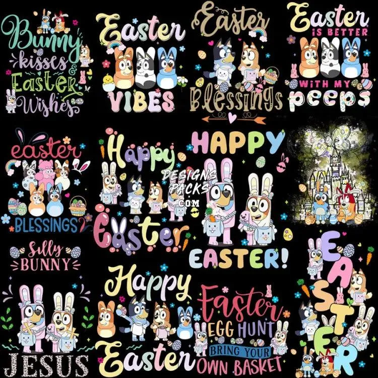 24 Cartoon Easter Day Bluey Dog Designs Bundle PNG