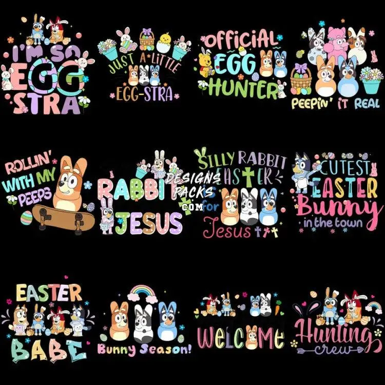 24 Cartoon Easter Day Bluey Dog Designs Bundle PNG