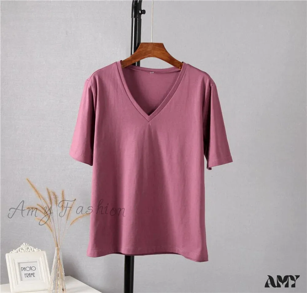 Amy Fashion - Soft Short Sleeve V Neck Tees