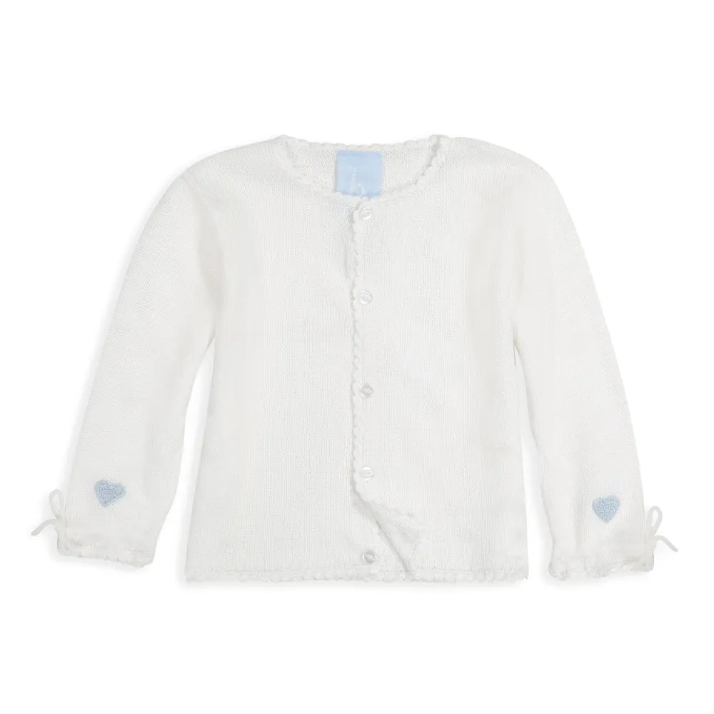 Applique Mercerized Pima Heart Cardigan -- White w/ Sky Blue