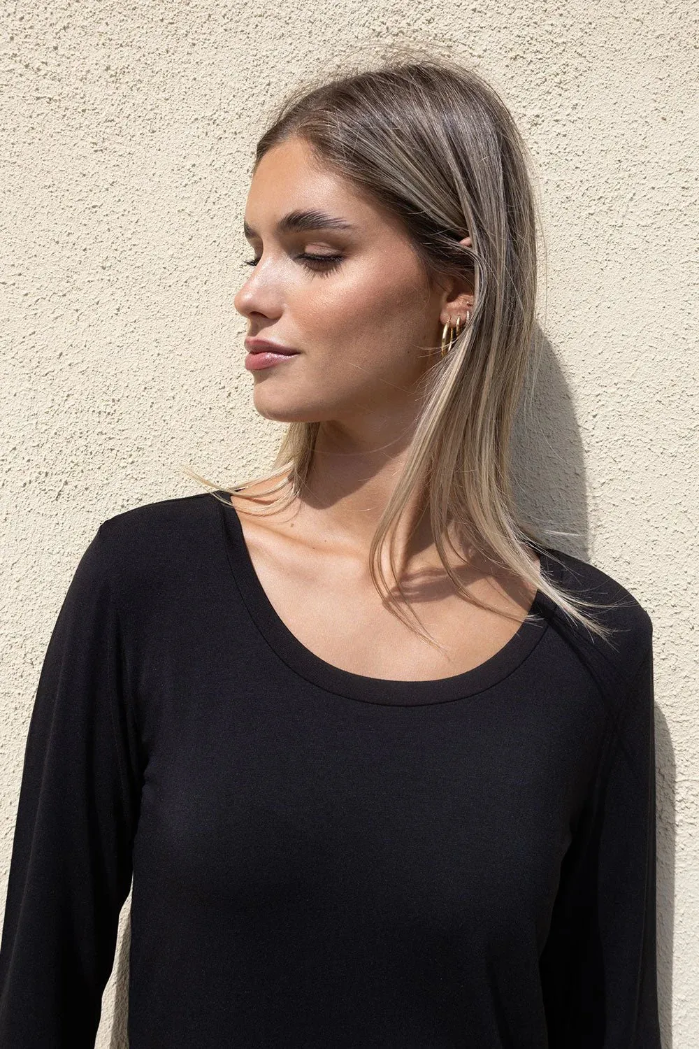 Bilbao Modal long sleeve scoop neck Tee in Black or White