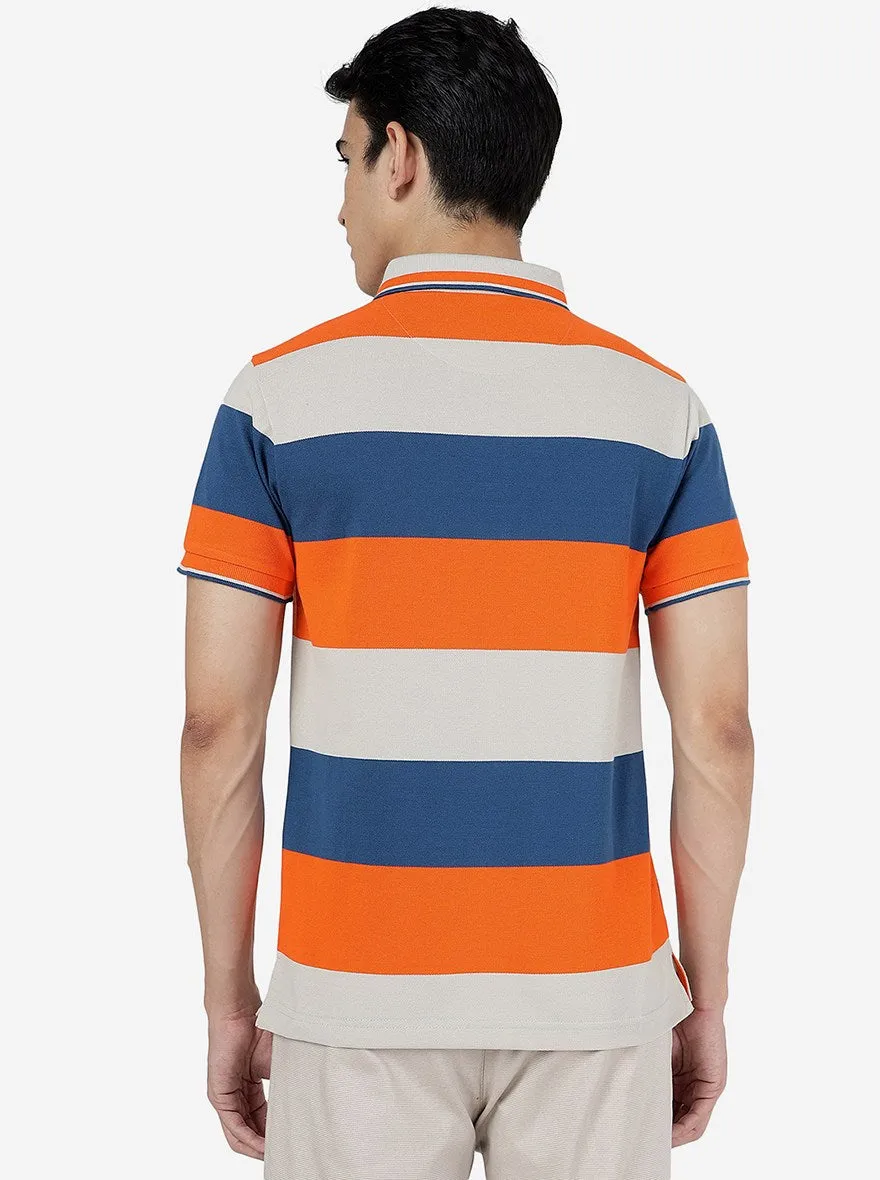 Blue & Orange Striped Slim Fit Polo T-Shirt | JadeBlue