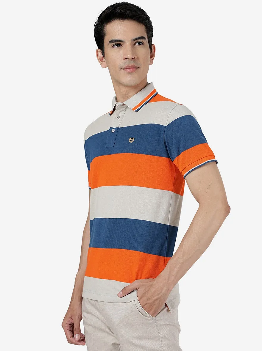 Blue & Orange Striped Slim Fit Polo T-Shirt | JadeBlue