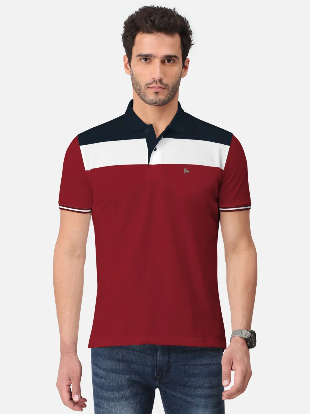 BULLMER Maroon Trendy Printed Half Sleeve Polo T-shirt for Mens