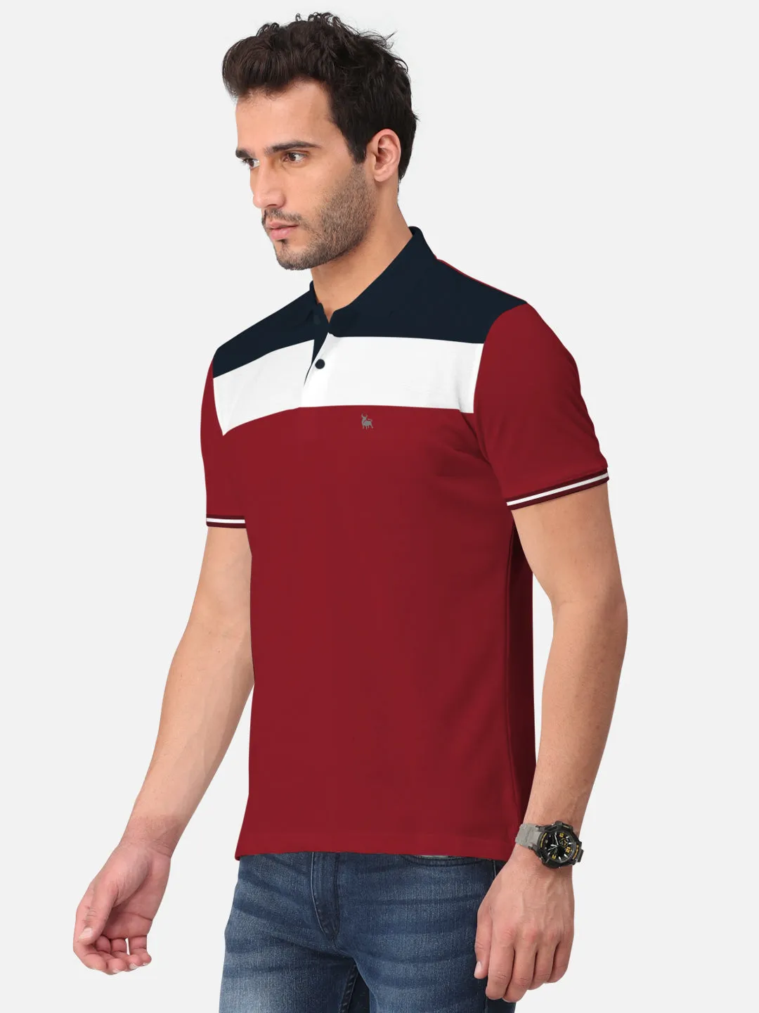 BULLMER Maroon Trendy Printed Half Sleeve Polo T-shirt for Mens