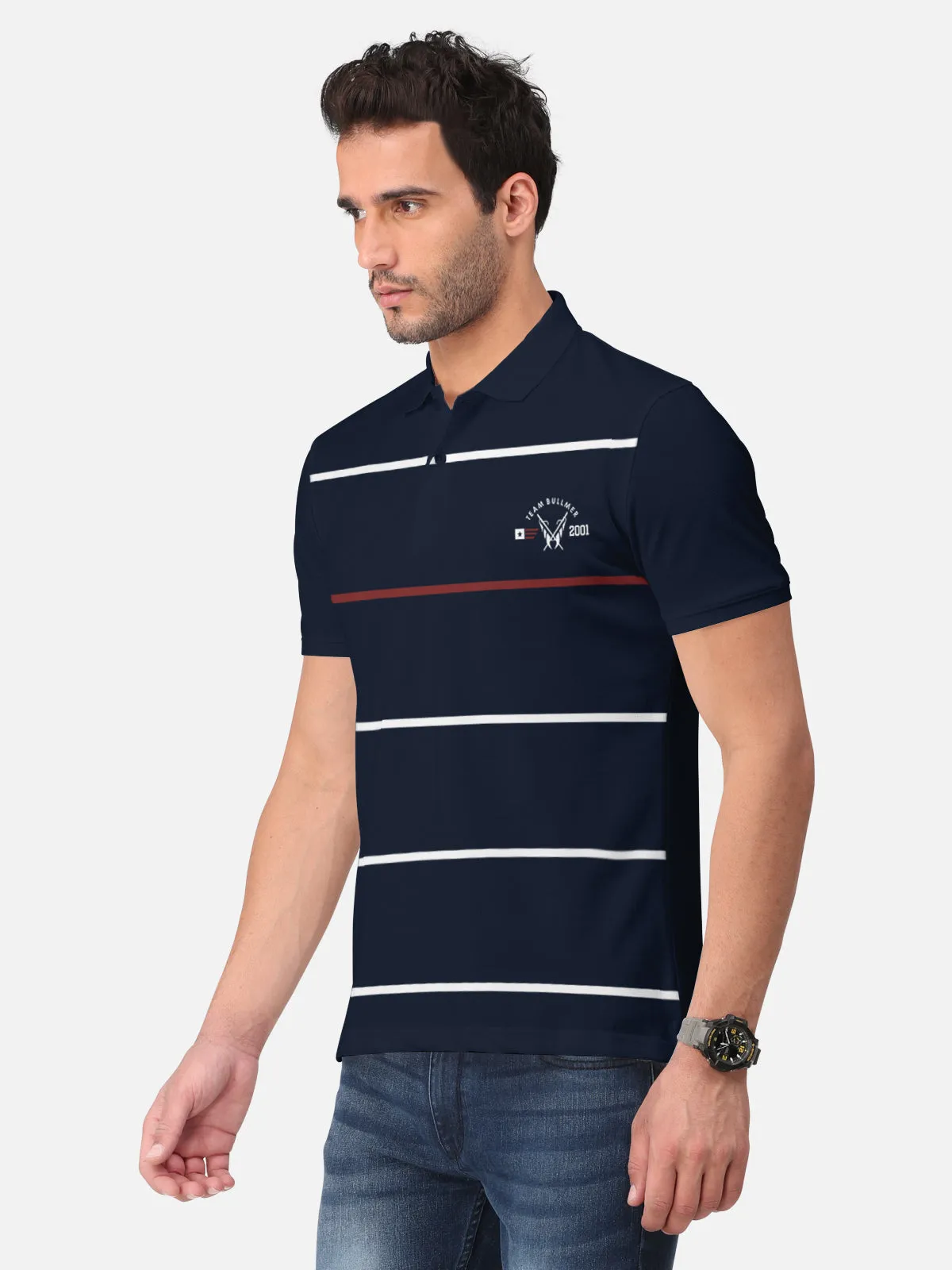 BULLMER Navy Blue Trendy Printed Half Sleeve Polo T-shirt for Mens