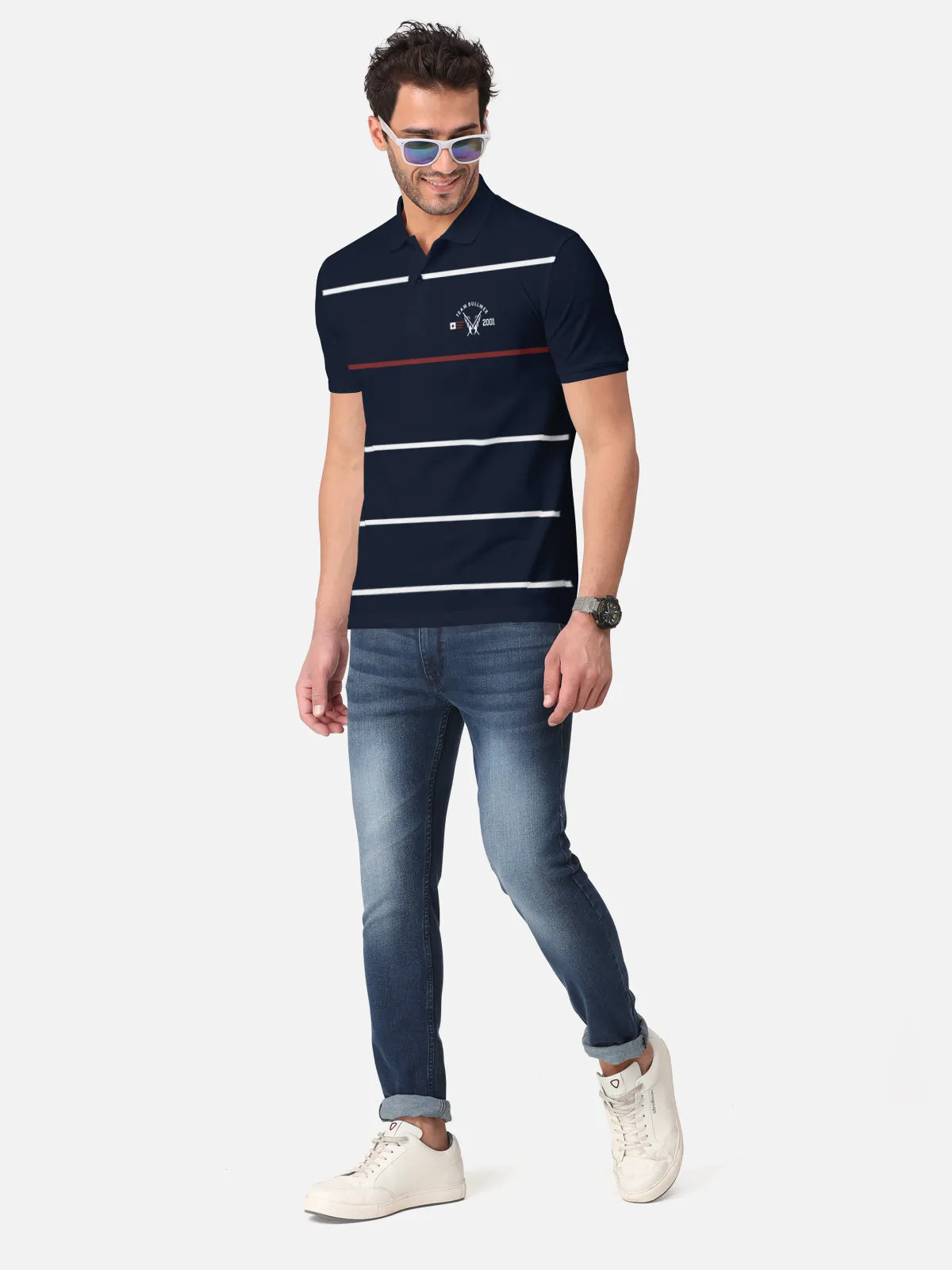 BULLMER Navy Blue Trendy Printed Half Sleeve Polo T-shirt for Mens