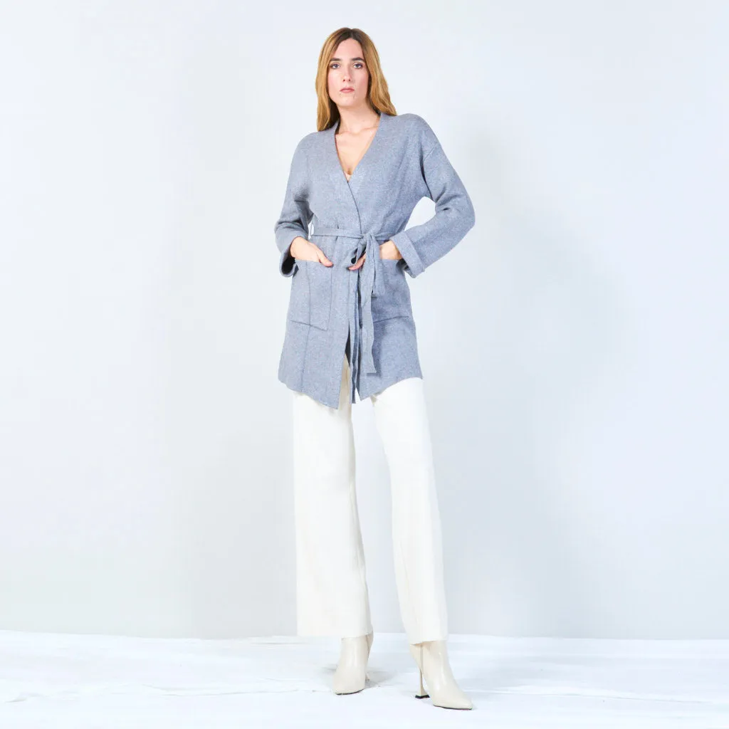 Classic open-front belted knit cardigan wholesale