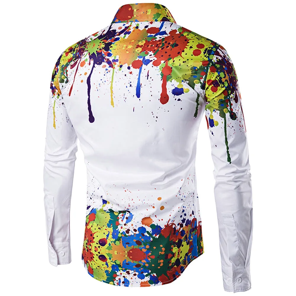 Colorful Splatter Paint Pattern Turndown Collar Long Sleeve Shirt 2647