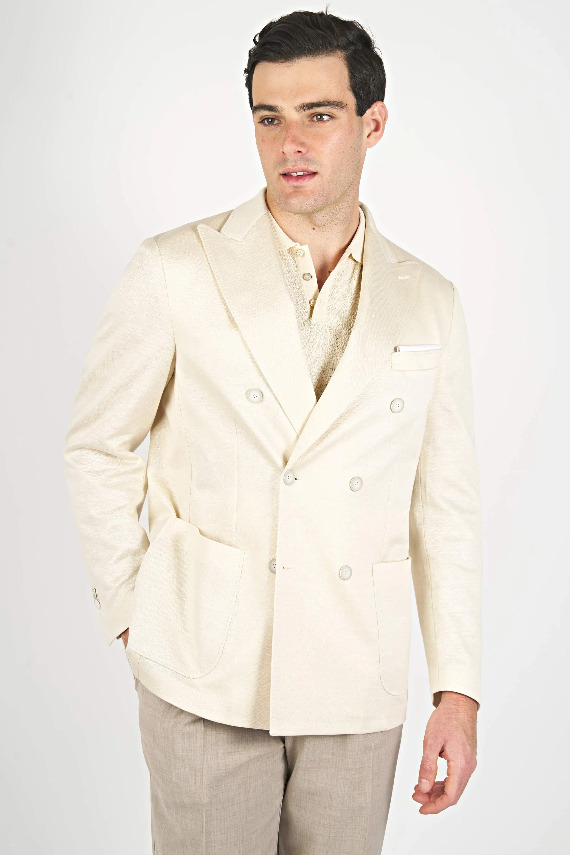 Double-breasted Jersey Blazer in Linen & Cotton