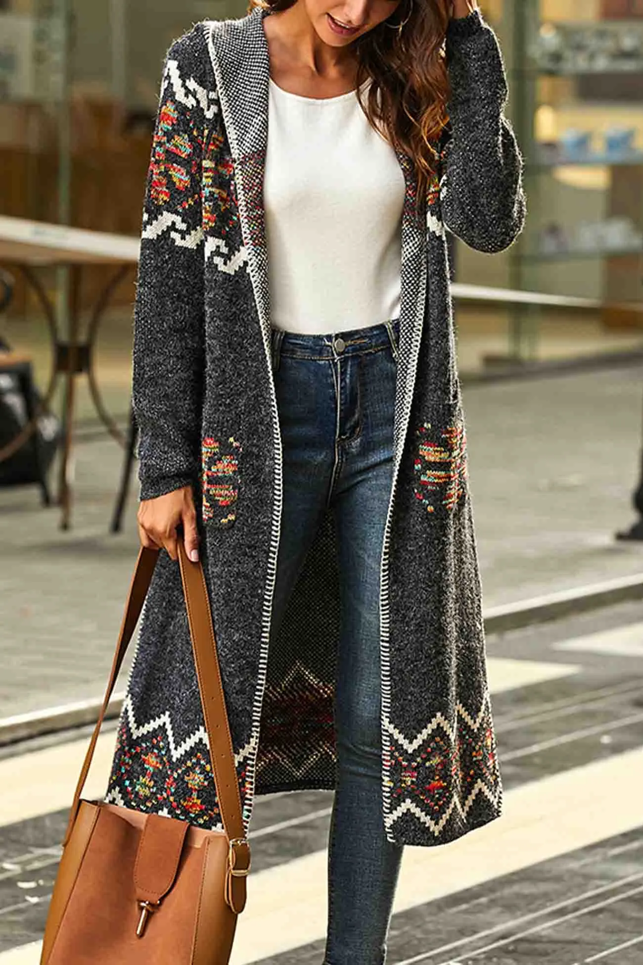 Floral Hooded Slit Long Cardigan