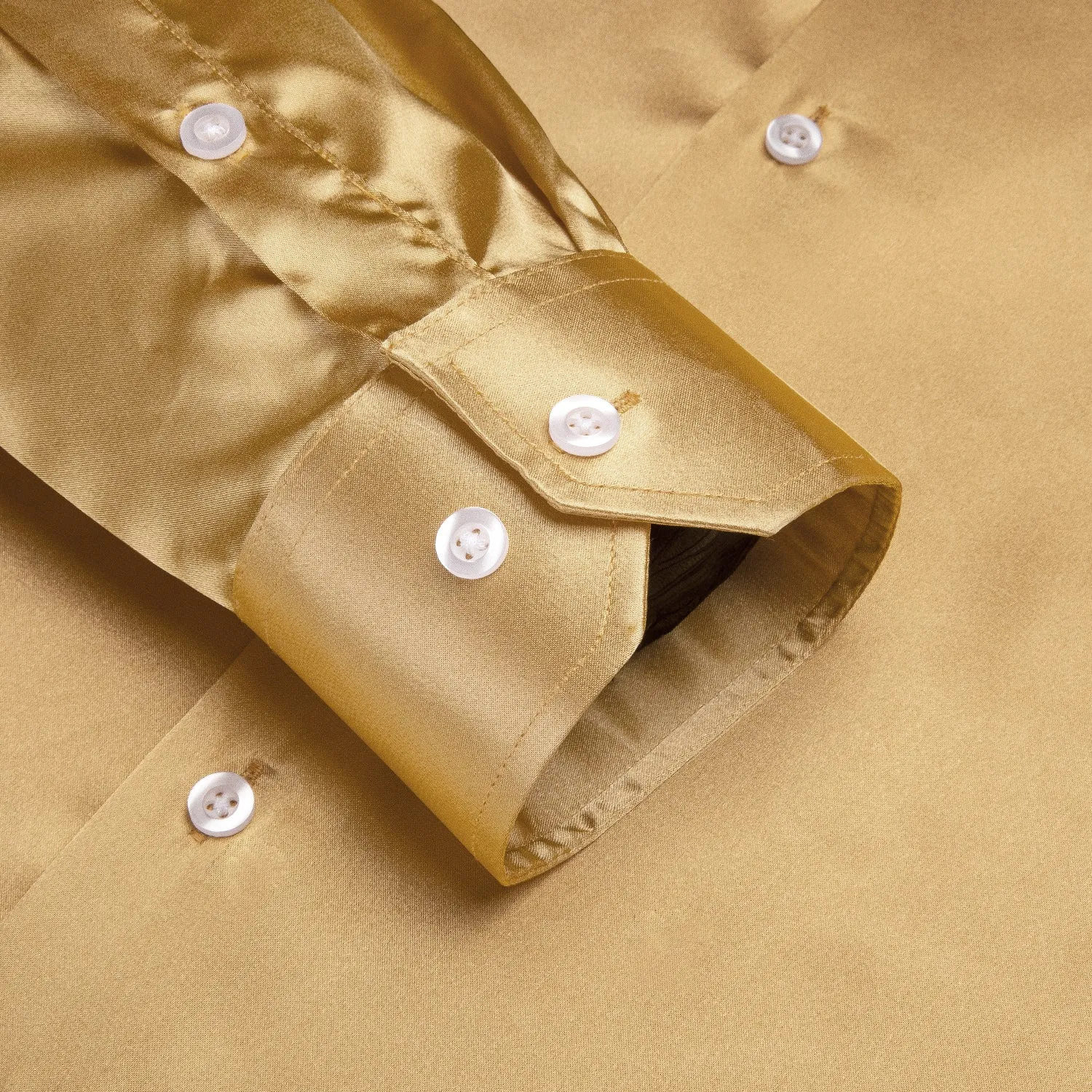 Gold Solid Satin Silk Men's Long Sleeve Dress Shirt