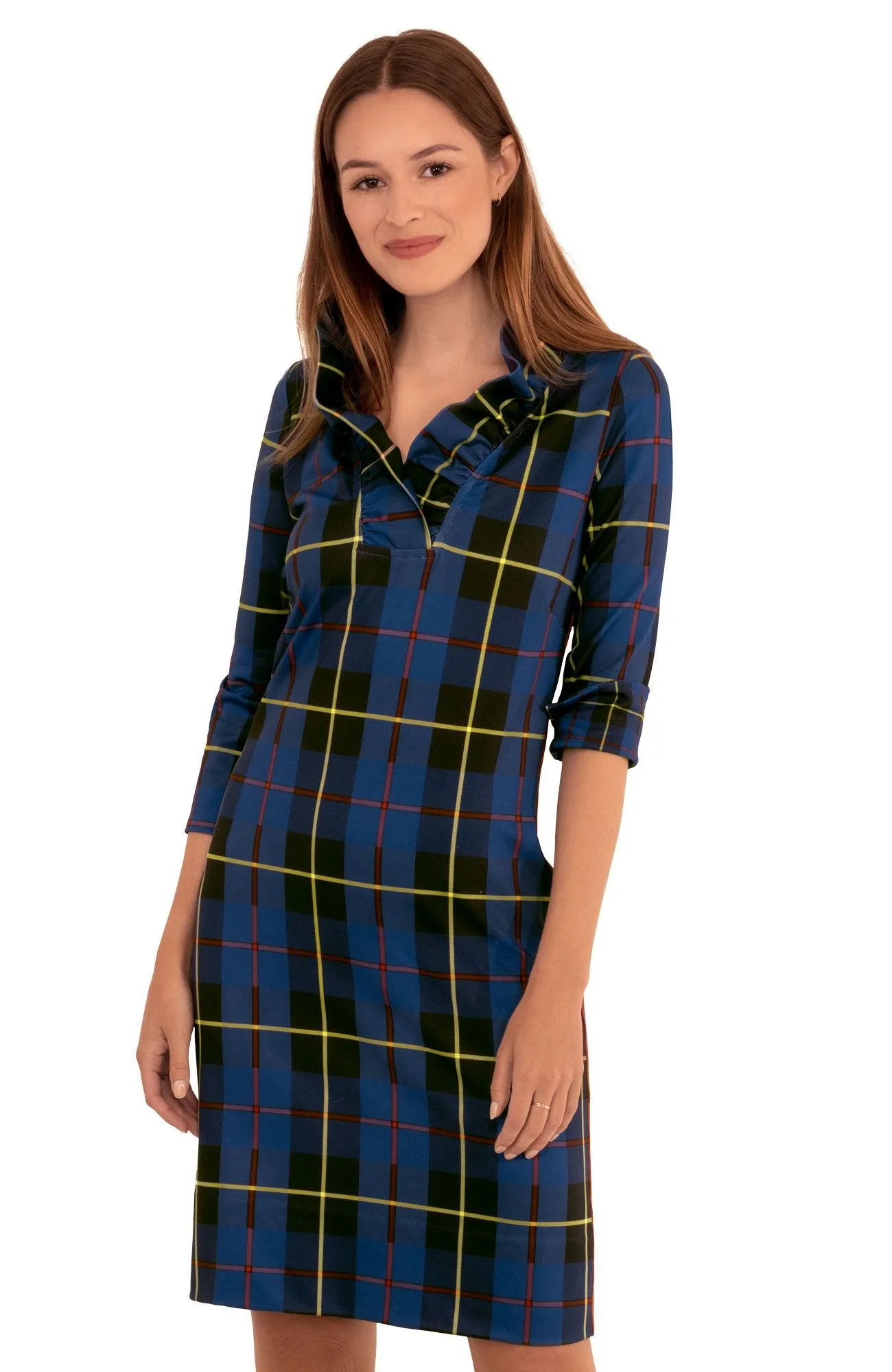 Gretchen Scott | 3/4 Jersey Ruffneck Dress | Plaidly Cooper | Women's