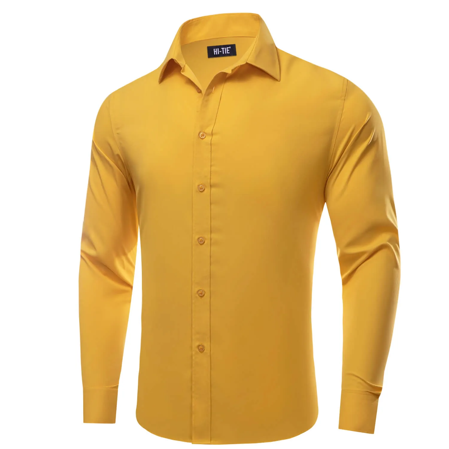 Hi-Tie Mens Dress Shirt GoldEnrod Yellow Solid Silk Button Down Shirt