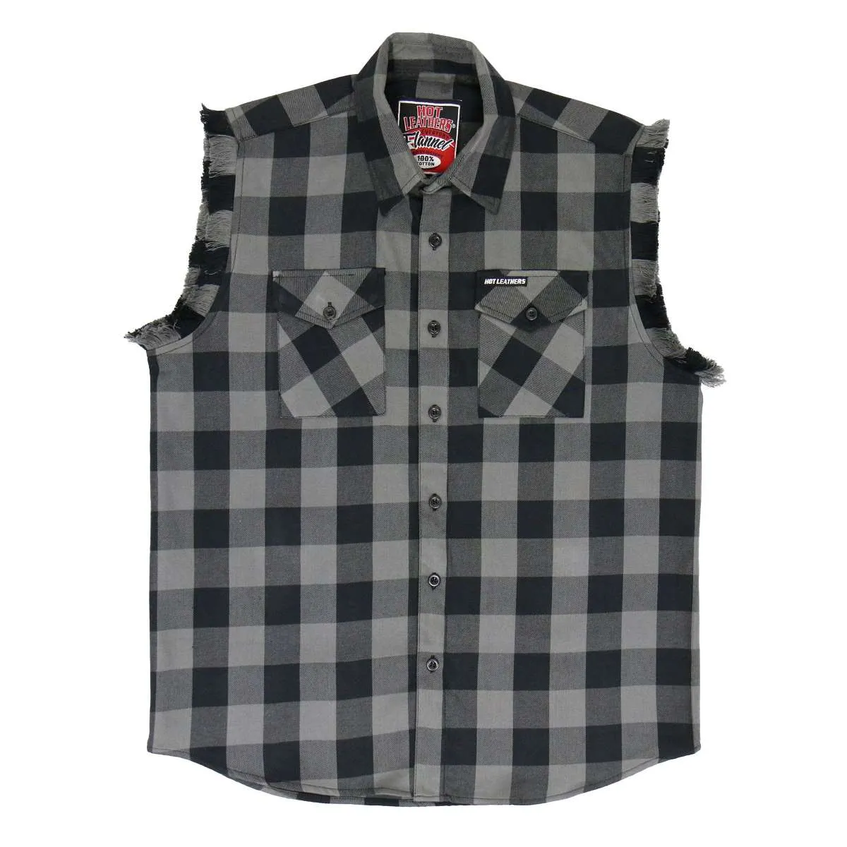 Hot Leathers FLM5203 Men's Sleeveless Fringe Grey and Black Flannel Shirt