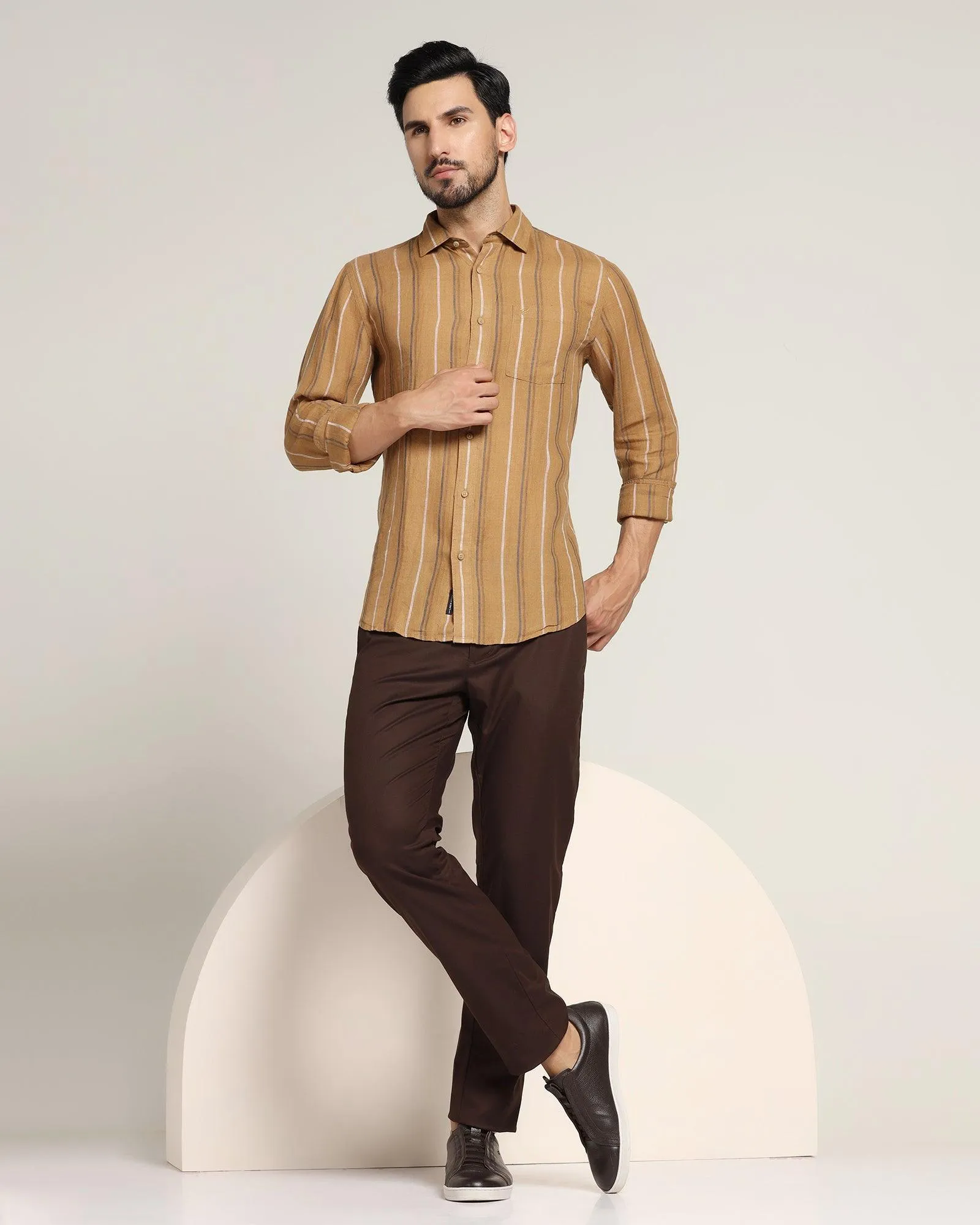 Linen Casual Brown Striped Shirt - Jade