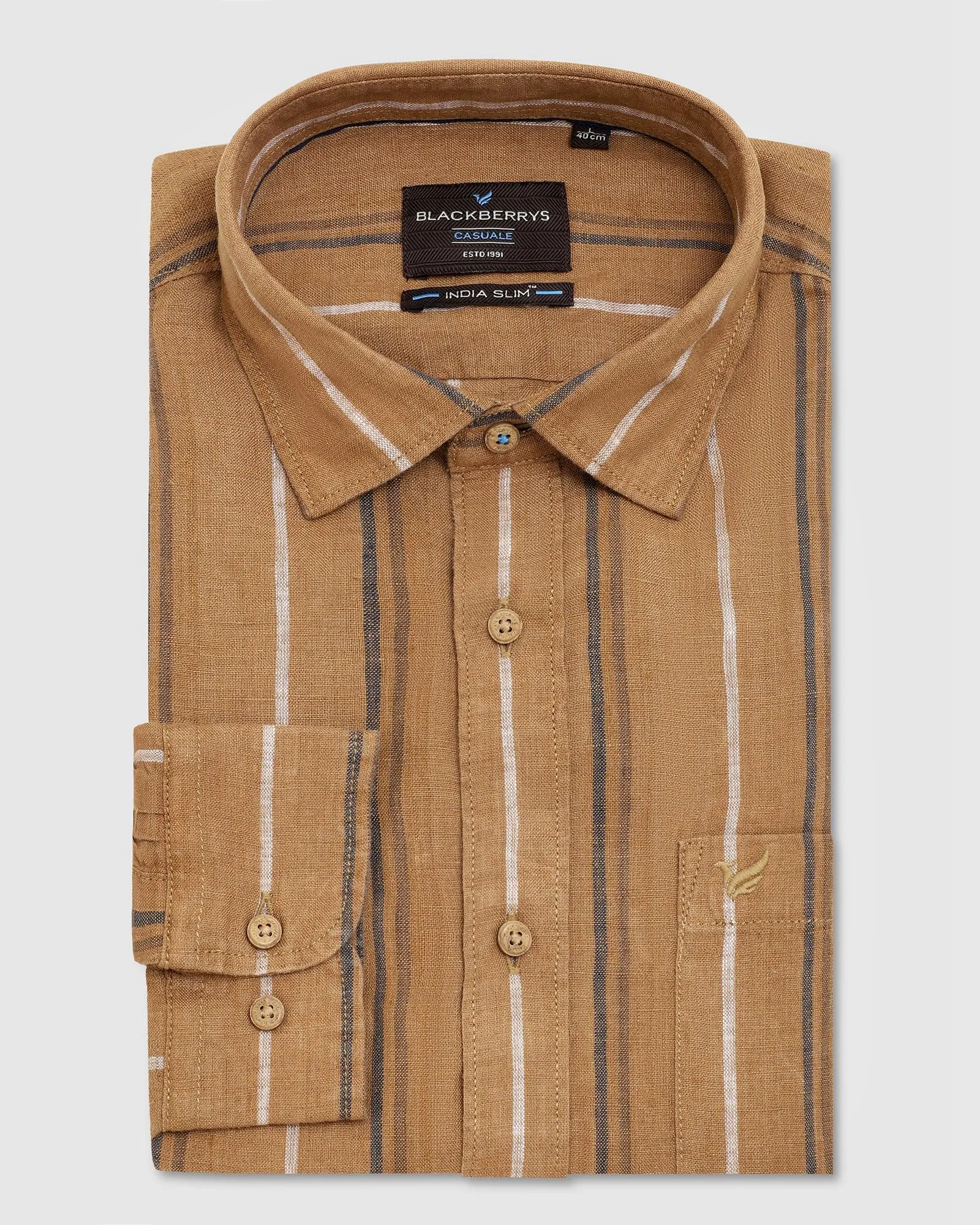 Linen Casual Brown Striped Shirt - Jade