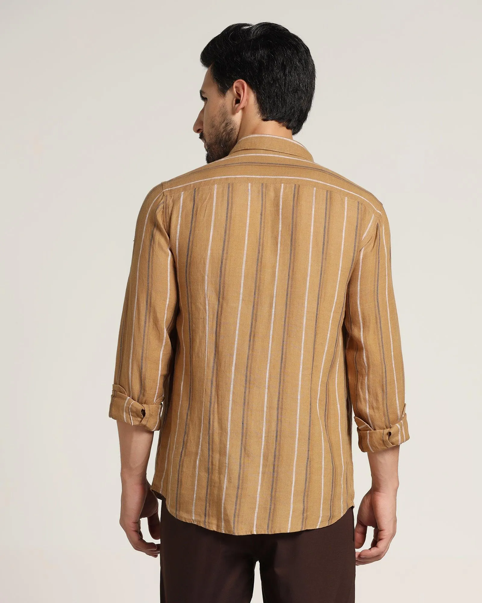 Linen Casual Brown Striped Shirt - Jade