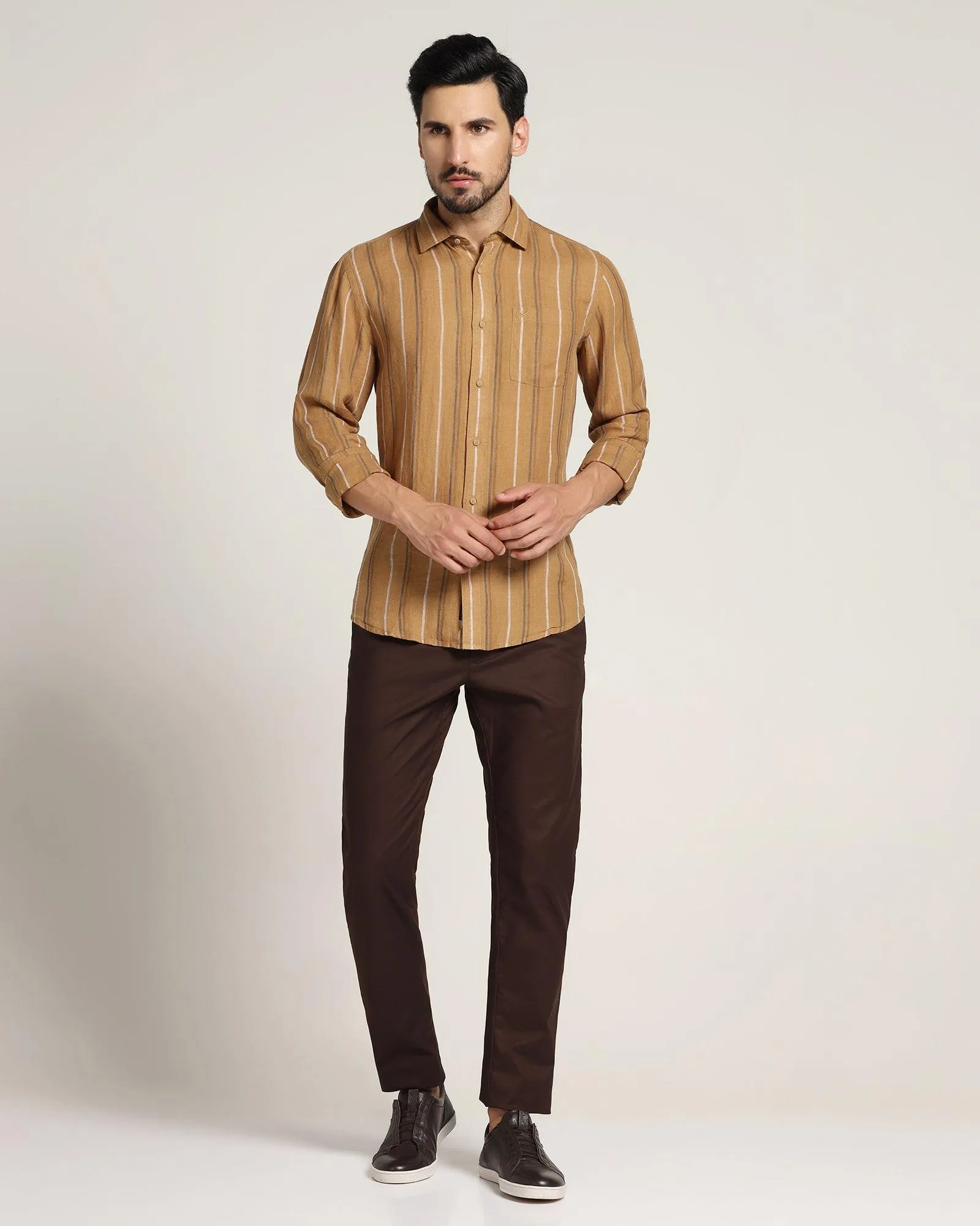 Linen Casual Brown Striped Shirt - Jade