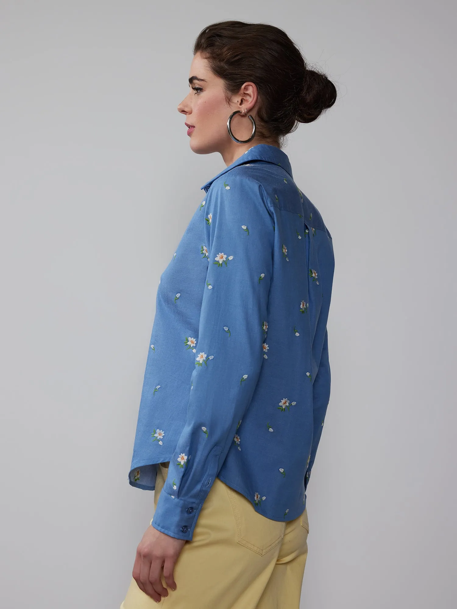 Long Sleeve Chambray Flower Shirt