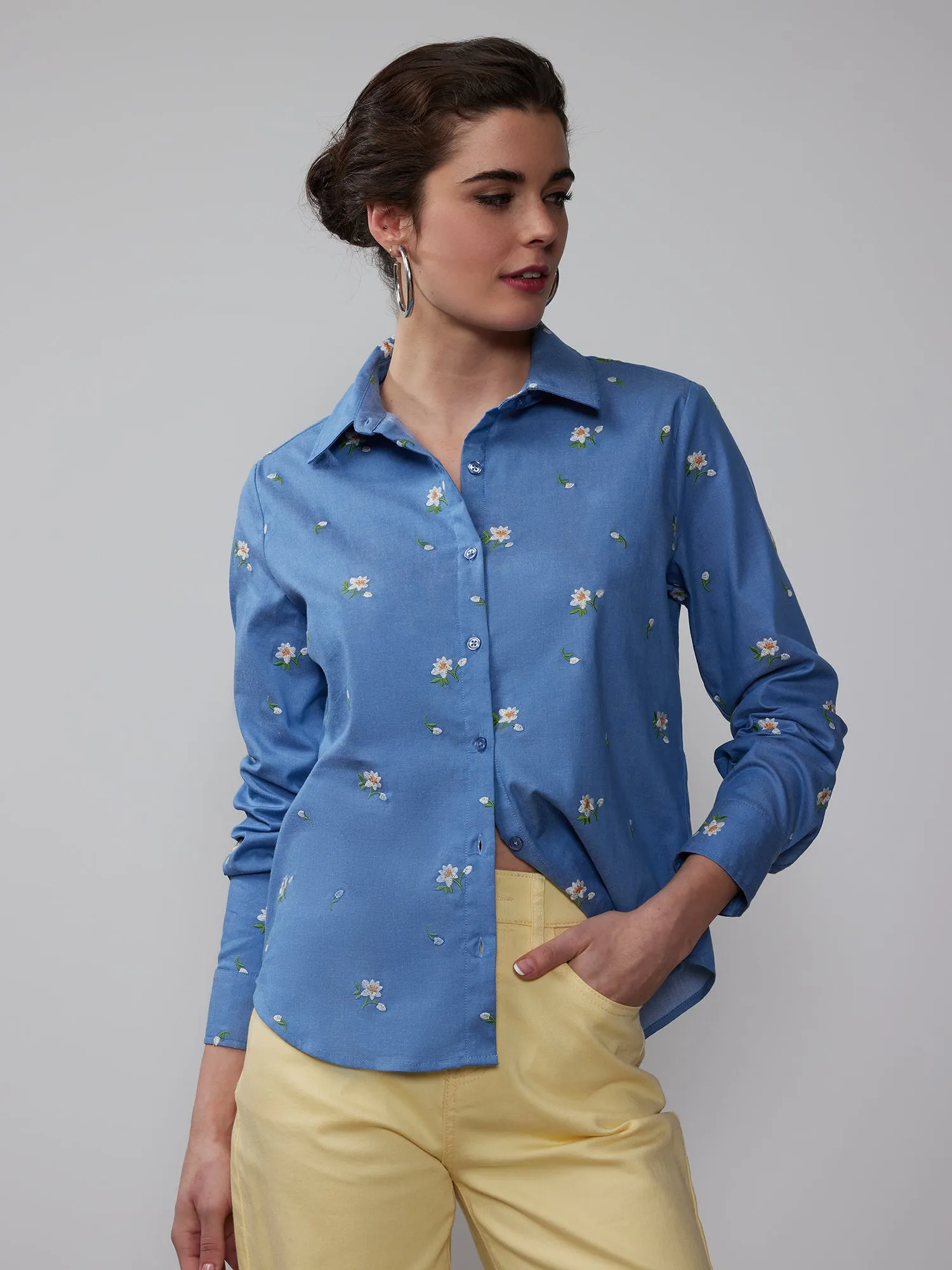 Long Sleeve Chambray Flower Shirt