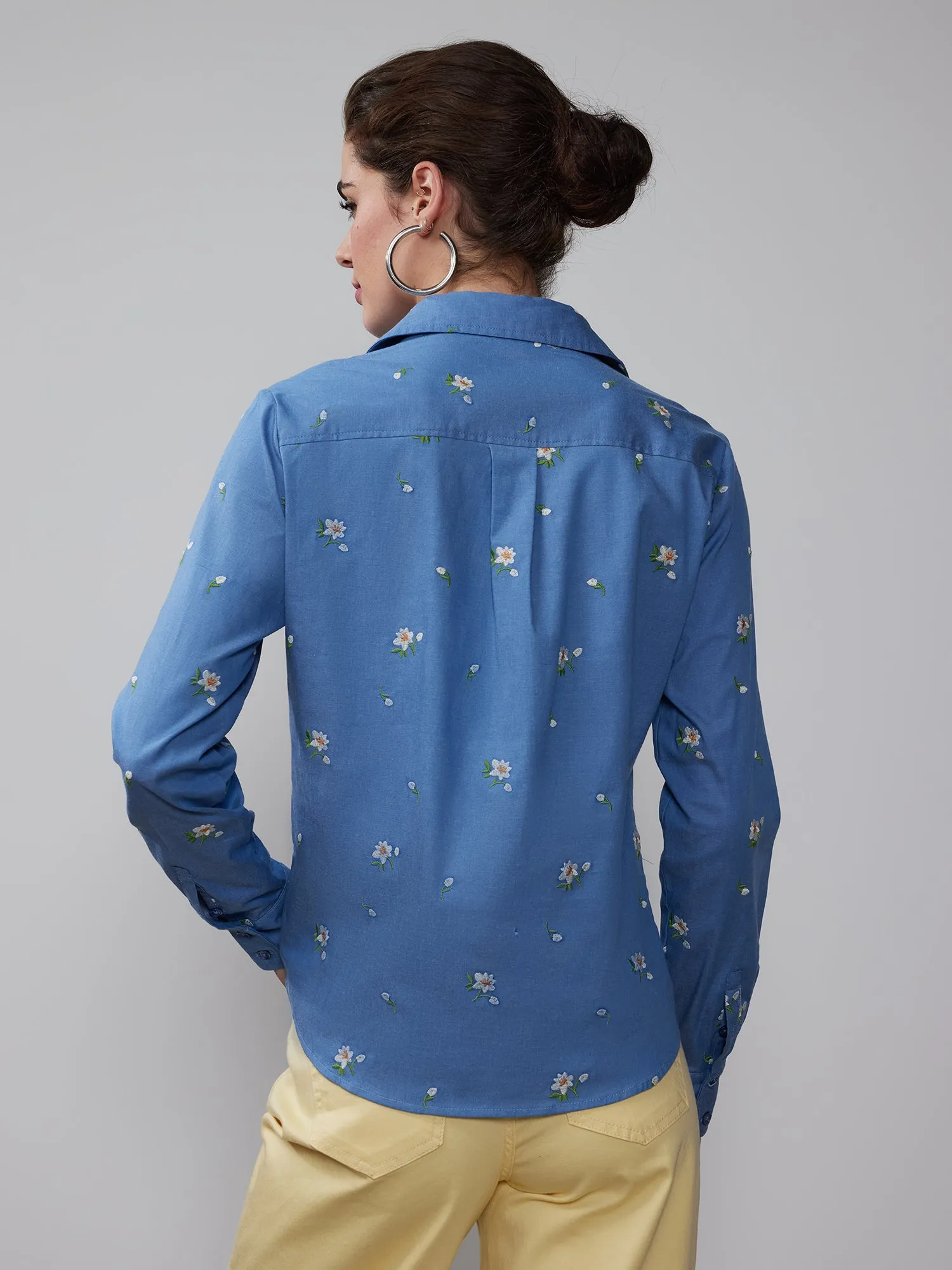 Long Sleeve Chambray Flower Shirt