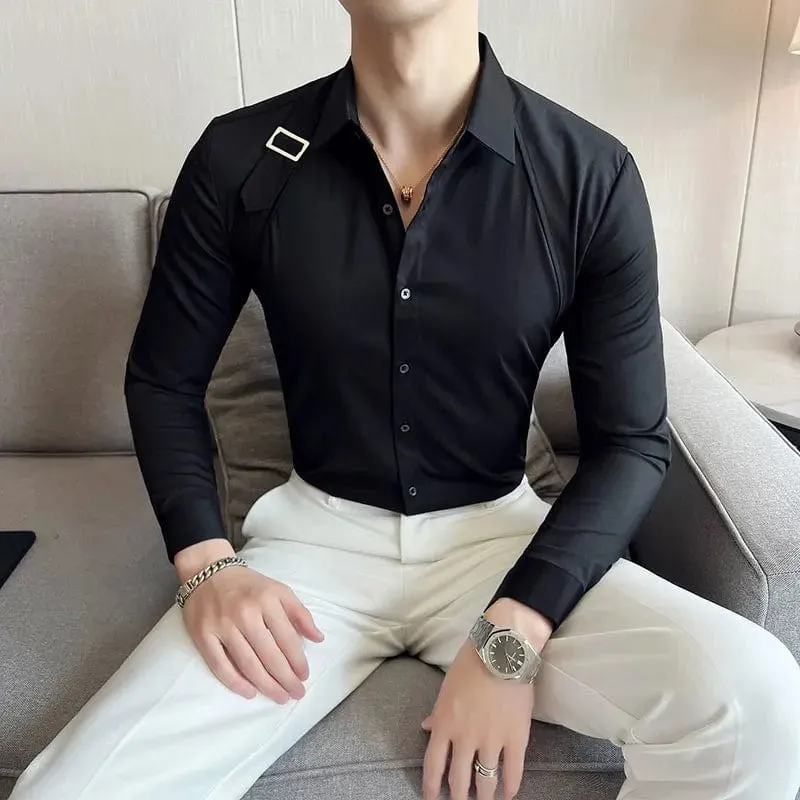 Men's Slim Fit Long Sleeve Shirt with Strap Detail – Casual Dress Shirt for Stylish Looks