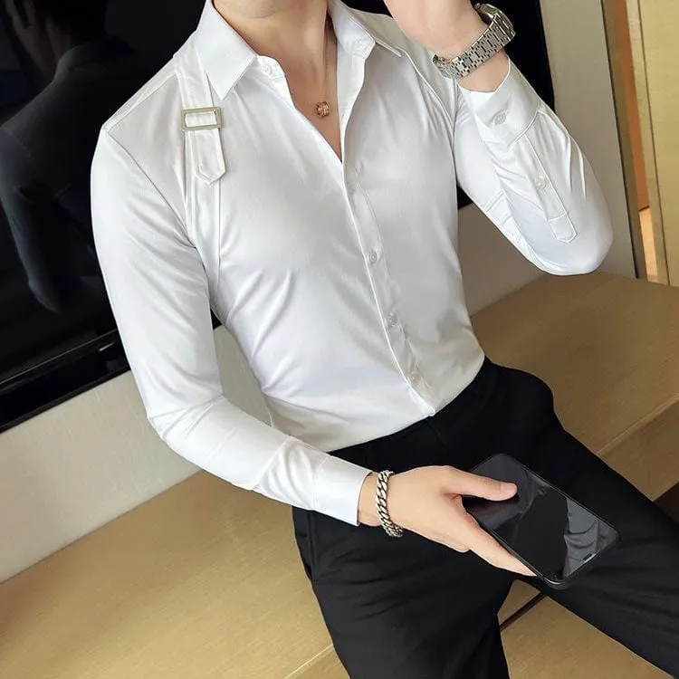 Men's Slim Fit Long Sleeve Shirt with Strap Detail – Casual Dress Shirt for Stylish Looks