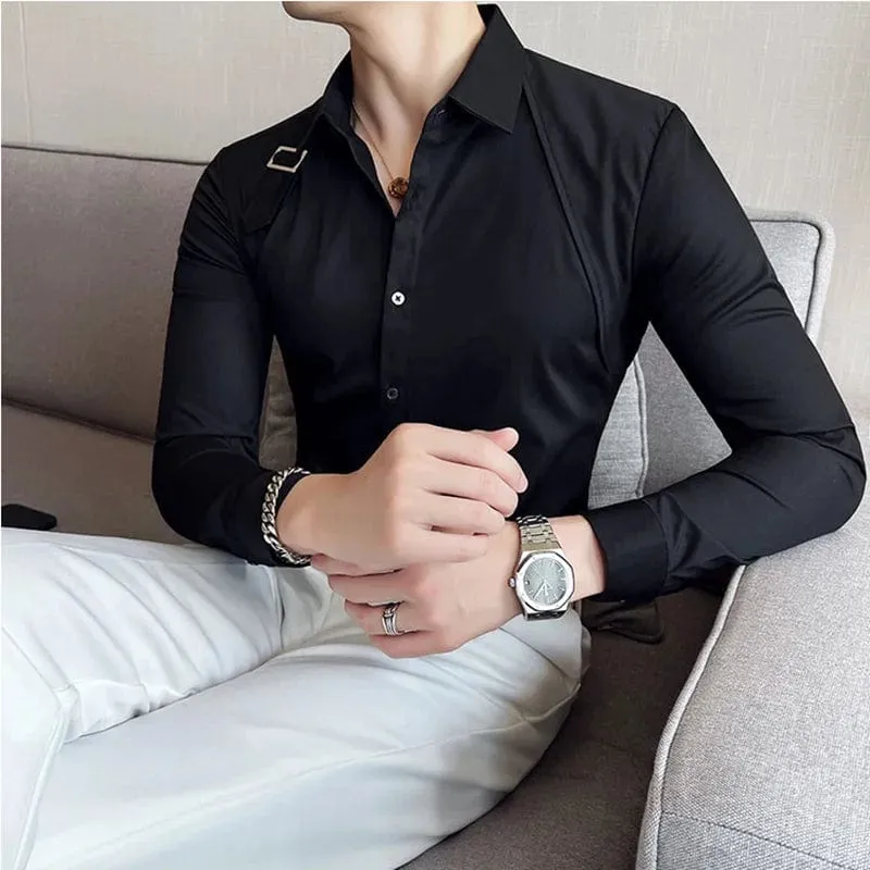 Men's Slim Fit Long Sleeve Shirt with Strap Detail – Casual Dress Shirt for Stylish Looks