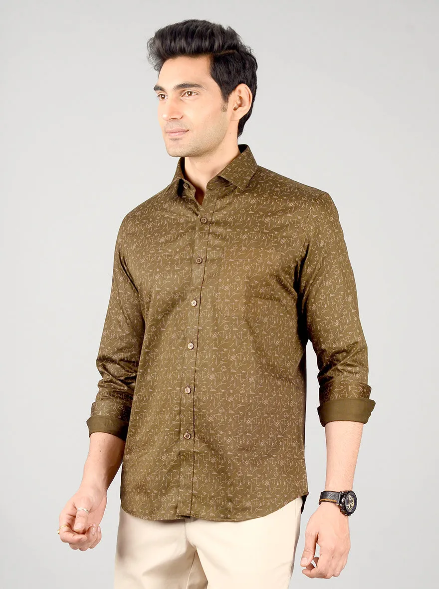 Olive Brown Printed Slim Fit Formal Shirt | JadeBlue