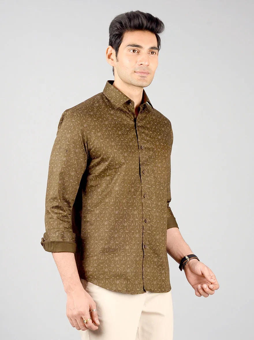 Olive Brown Printed Slim Fit Formal Shirt | JadeBlue