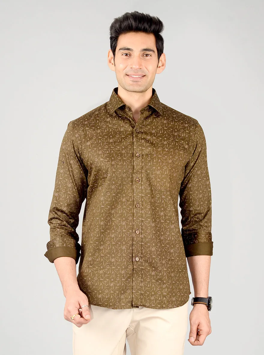 Olive Brown Printed Slim Fit Formal Shirt | JadeBlue