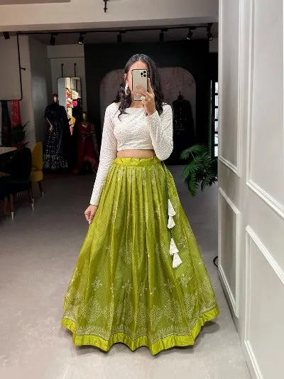 Parrot Green And White Lehenga Blouse Stitched Ready to Wear