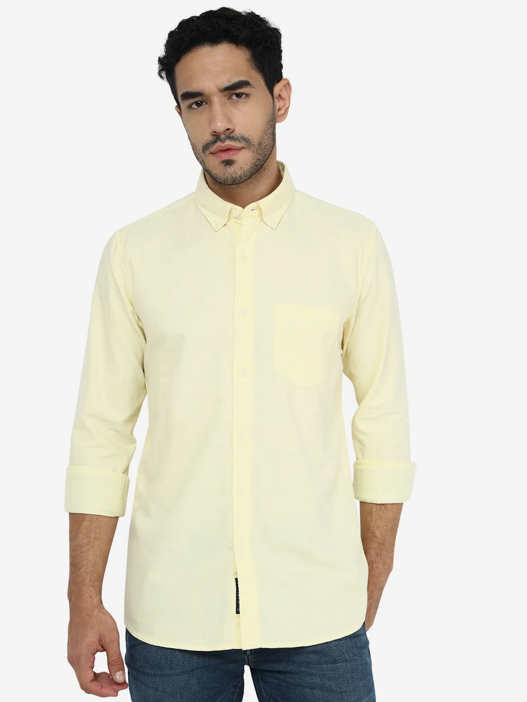 Pastel Yellow Solid Slim Fit Casual Shirt | JadeBlue