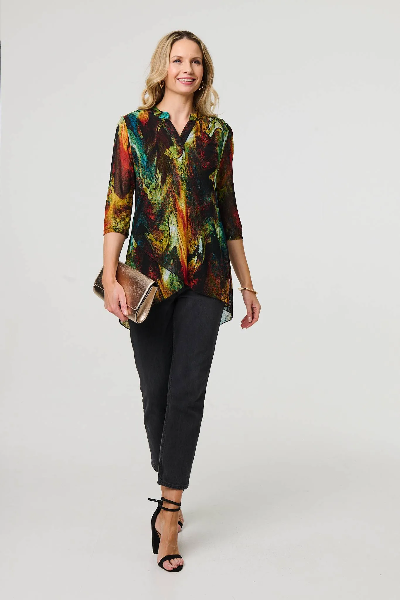 Printed 3/4 Sleeve Asymmetric Blouse