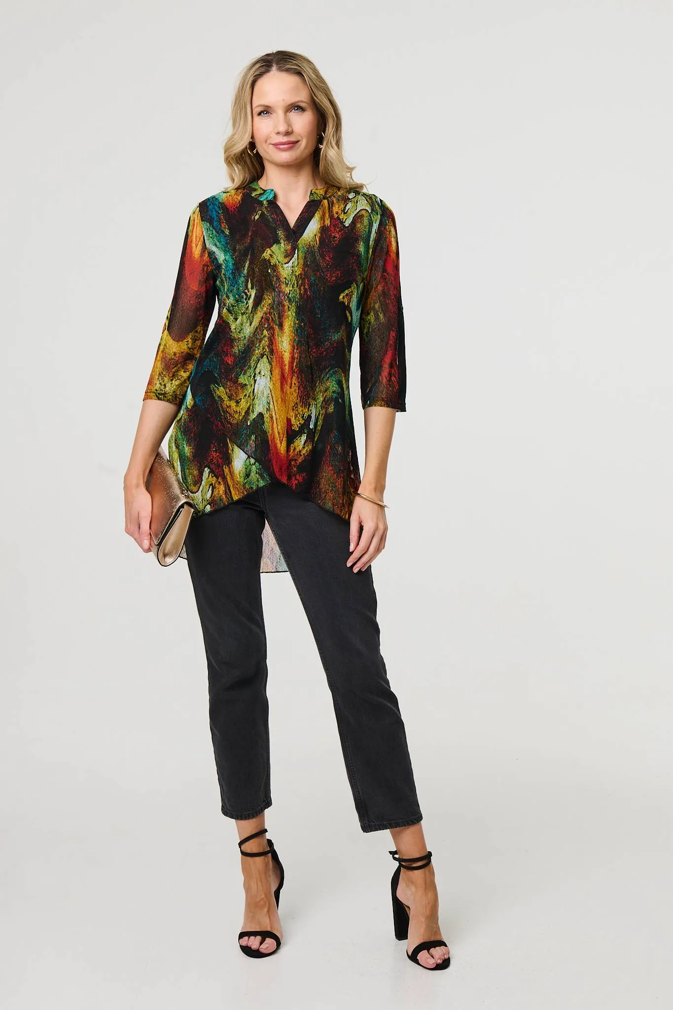 Printed 3/4 Sleeve Asymmetric Blouse