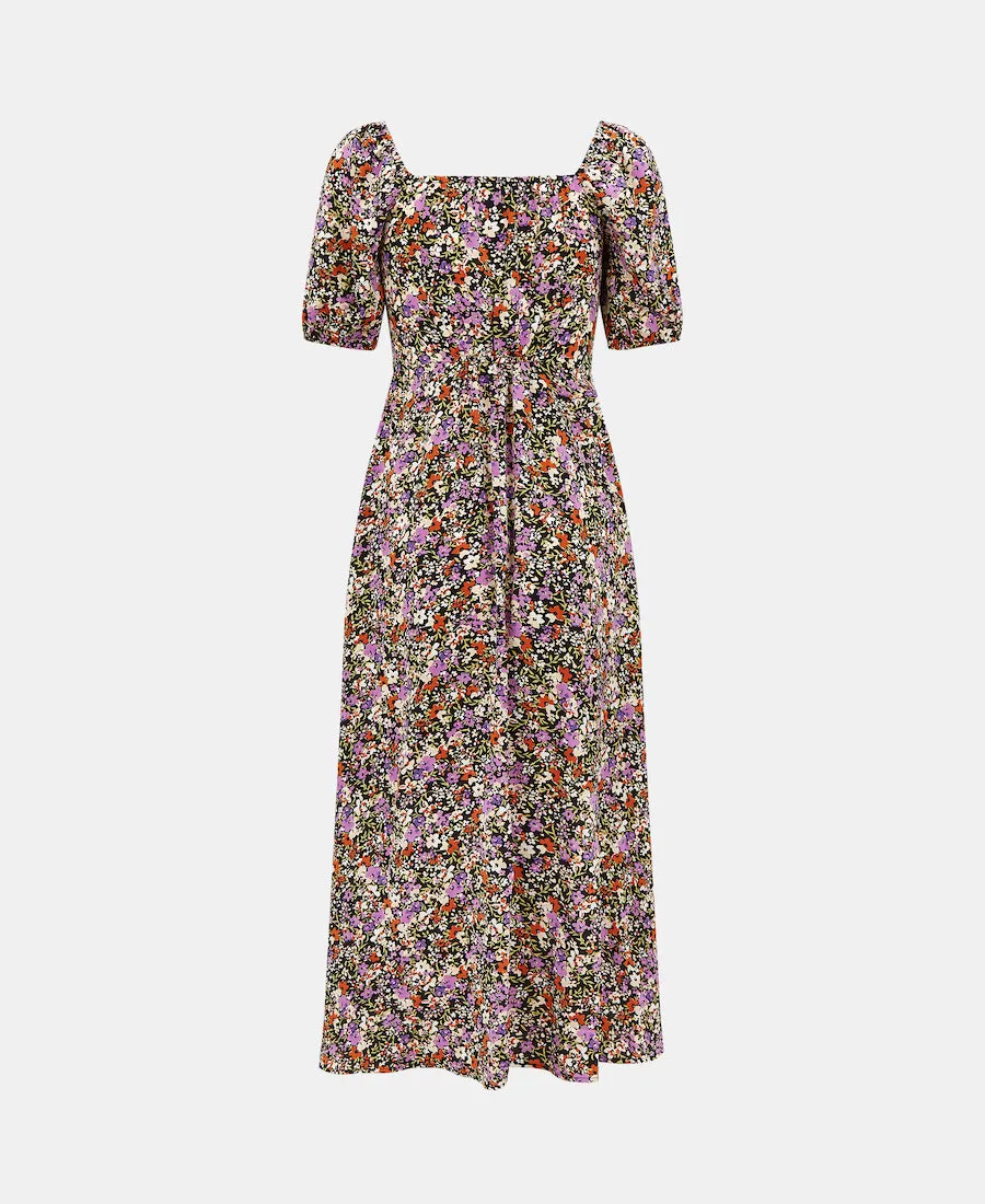 Purple Floral Sweetheart Neck Midi Dress