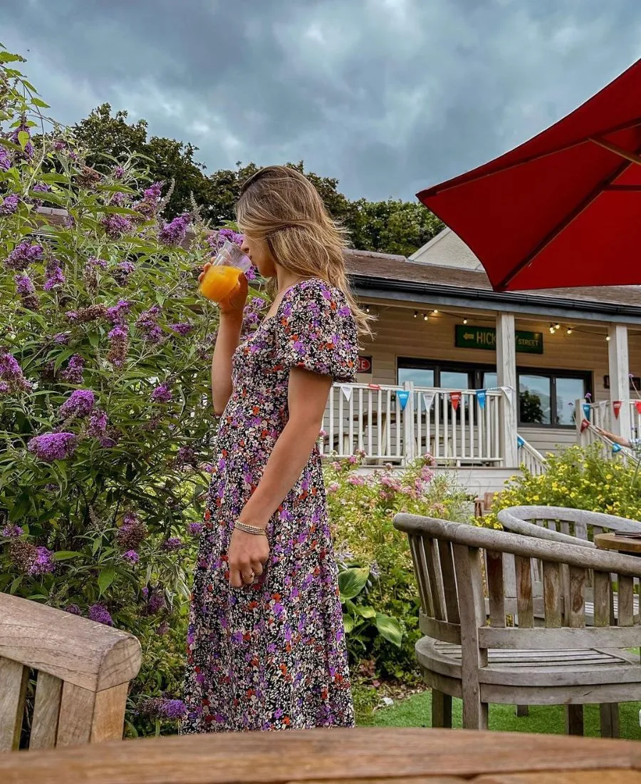 Purple Floral Sweetheart Neck Midi Dress