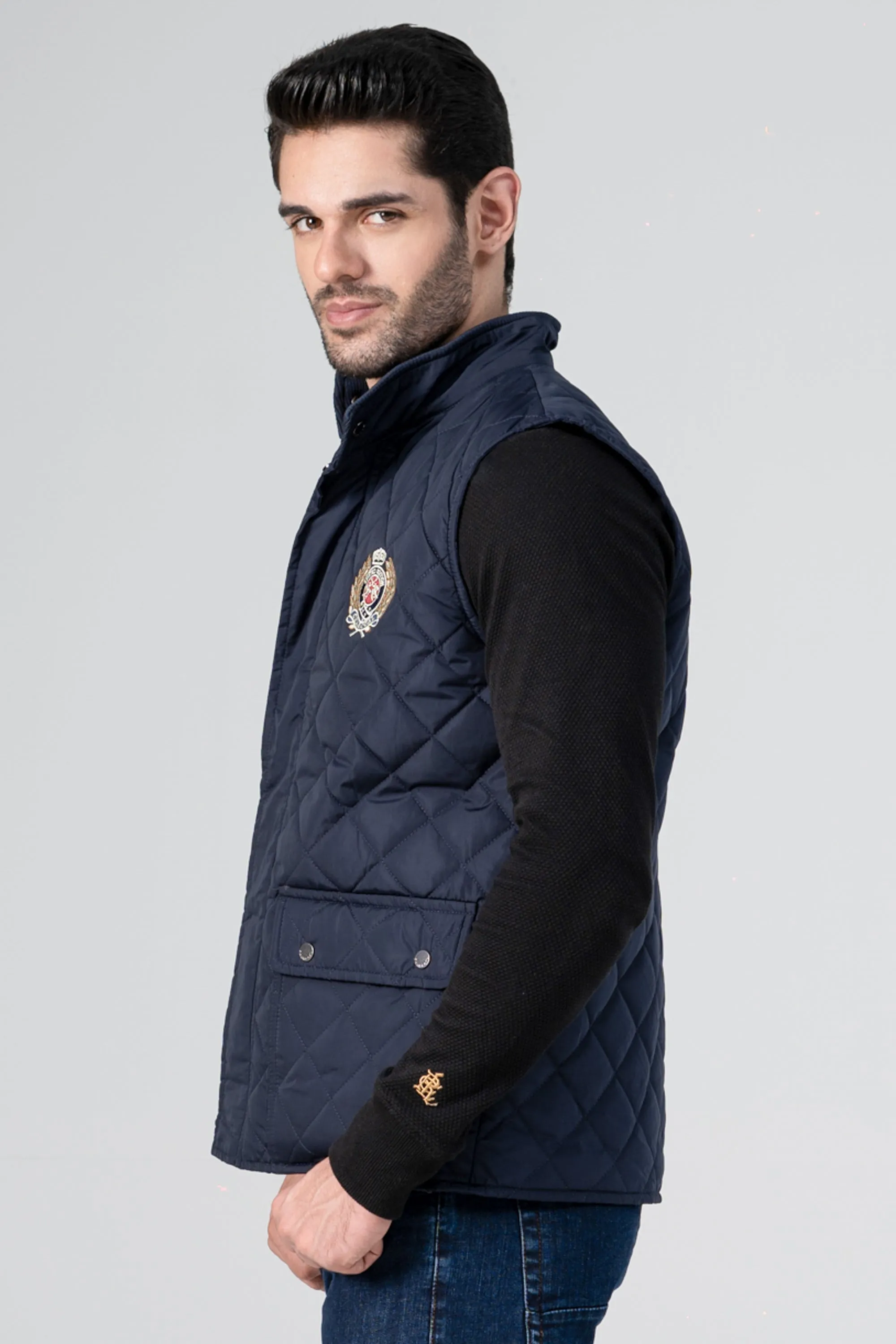 QUILTED LOGO EMBROIDERED JACKET NAVY