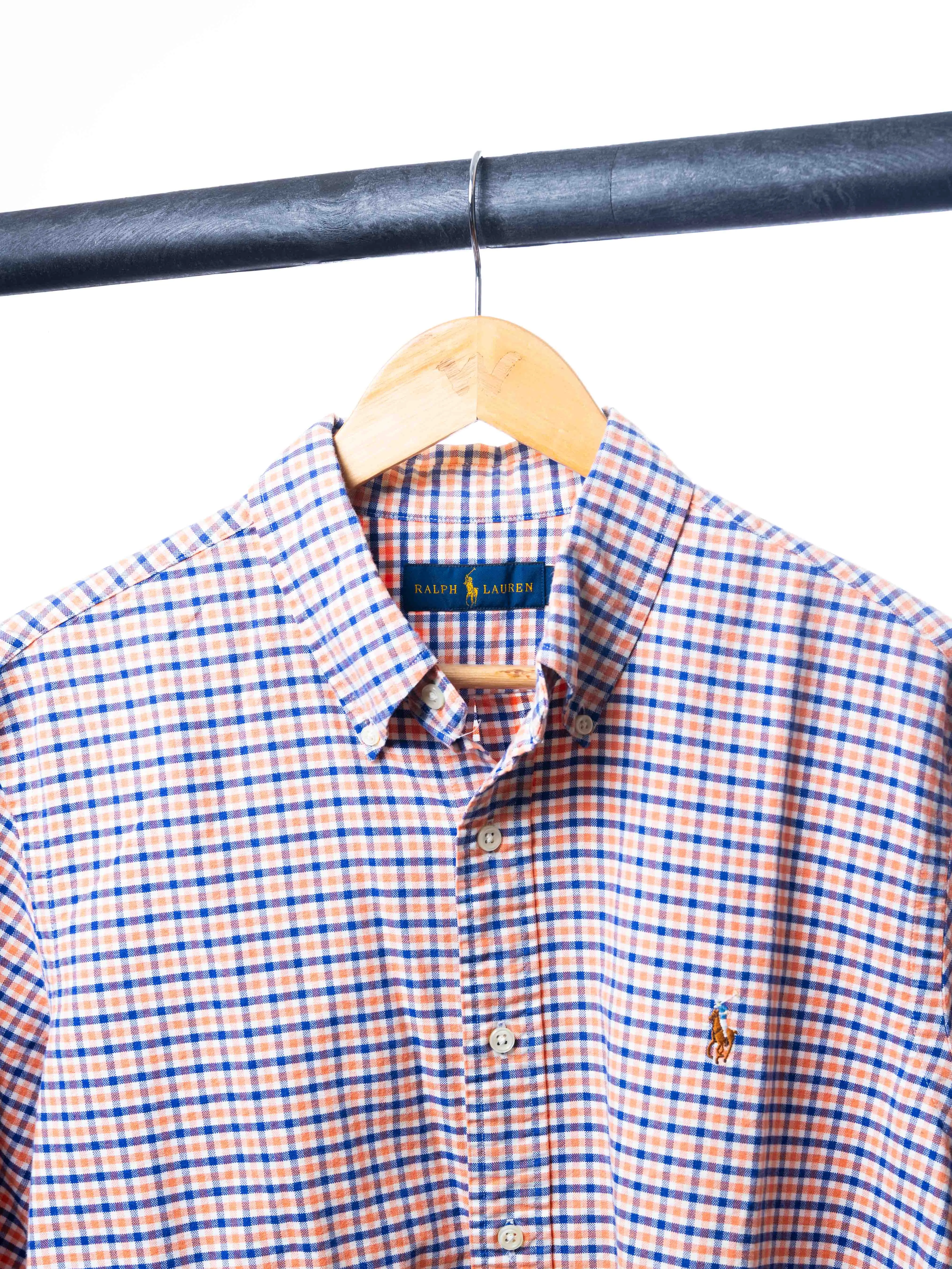 Ralph Lauren Button Down Collar Long Sleeves Gingham Stretch Poplin Orange Shirt