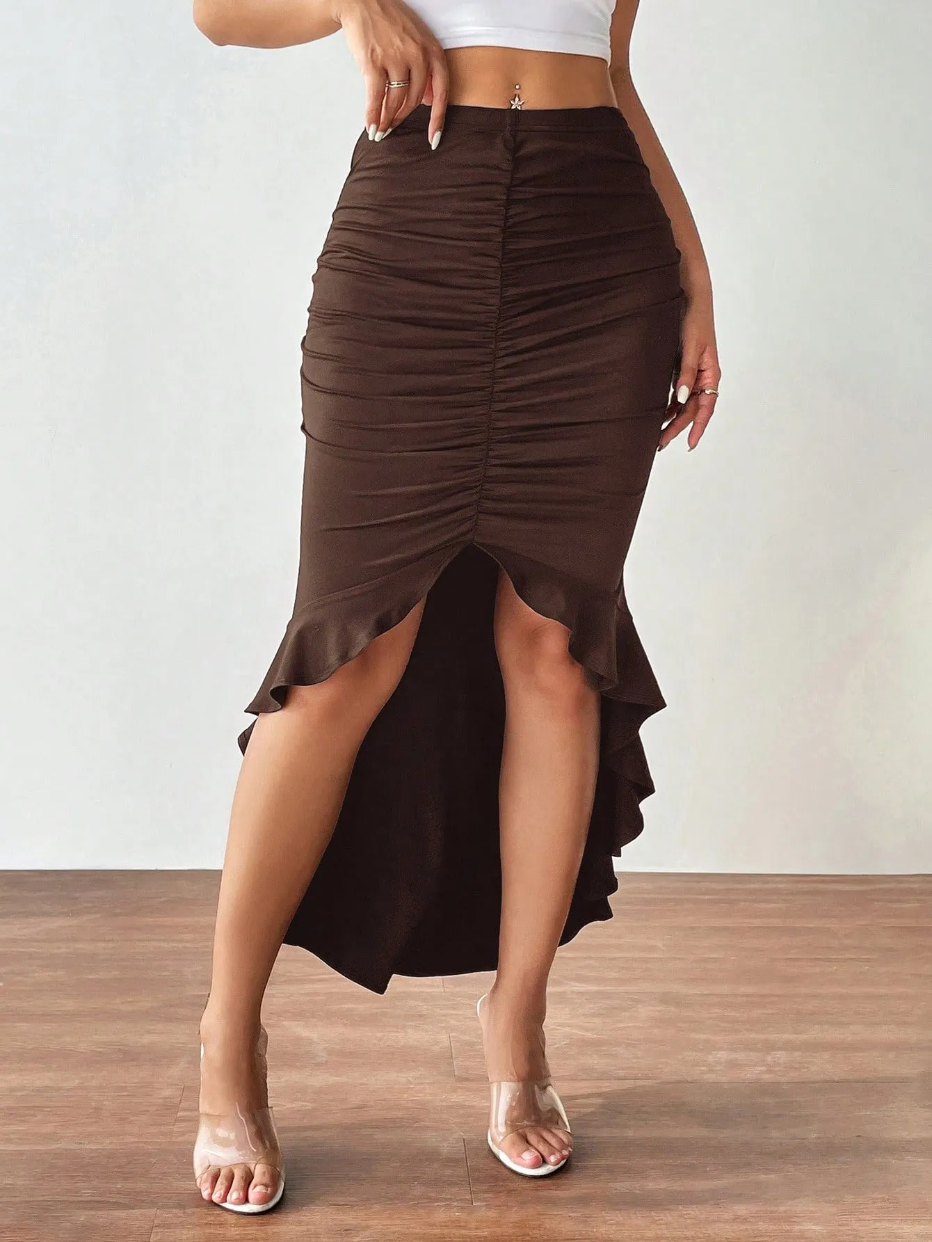 Ruched Asymmetrical Ruffle Hem Skirt