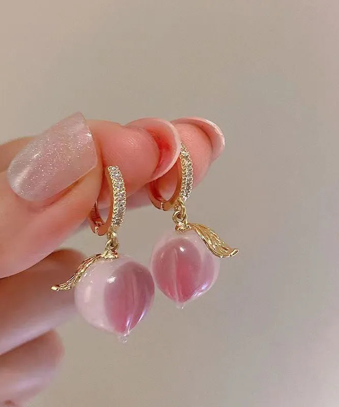 Stylish Pink Copper Zircon Resin Honey Peach Drop Earrings