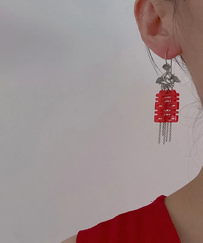 Stylish Red Sterling Silver Tassel Hoop Earrings