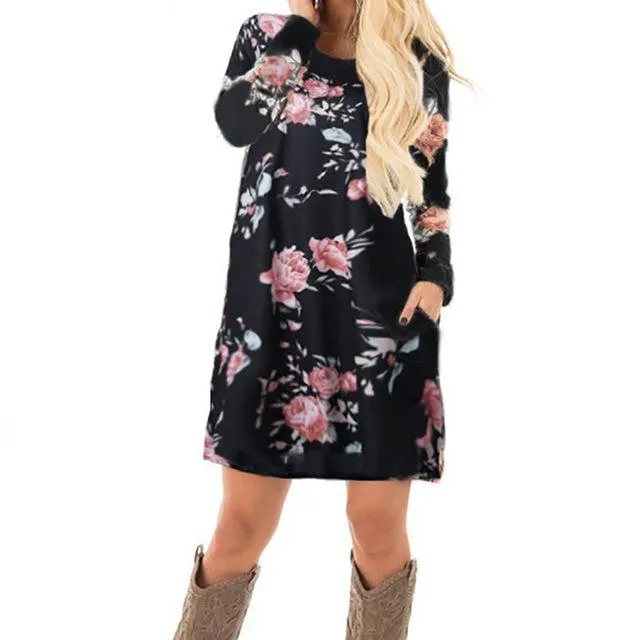 Women Autumn Floral Printed Dress 2017 Female Long Sleeve Mini Dresses Vestido De Festa Cotton Casual Plus Size Vestidos GV845