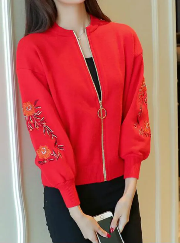 Women Embroidered Sweater Long Sleeve Zipper Cardigan Coat