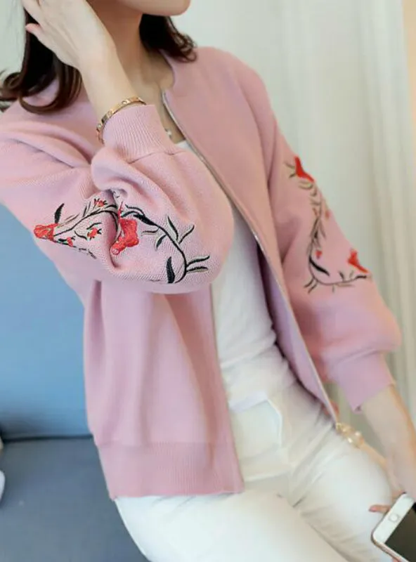 Women Embroidered Sweater Long Sleeve Zipper Cardigan Coat