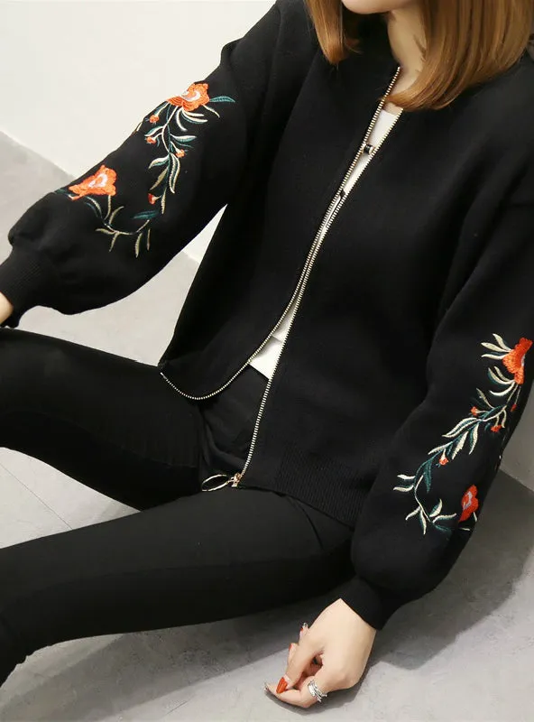 Women Embroidered Sweater Long Sleeve Zipper Cardigan Coat