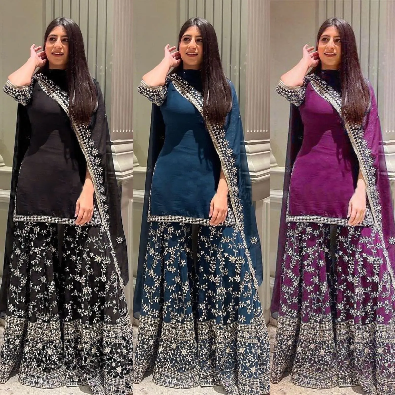 Yankita Kapoor Style Designer made Black/Blue/Magenta Color Wedding Sharara Suit with Sequence Work, Reception &amp; Party Wear Sharara Top